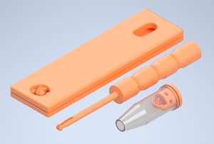 A CAD rendered image of Ara Flow. Four parts can be seen: the test card, the collection wand and tip, and the sample vial