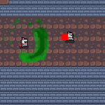 Two tiny flat knights fight for their lives against a small red square in a caste-like environment.